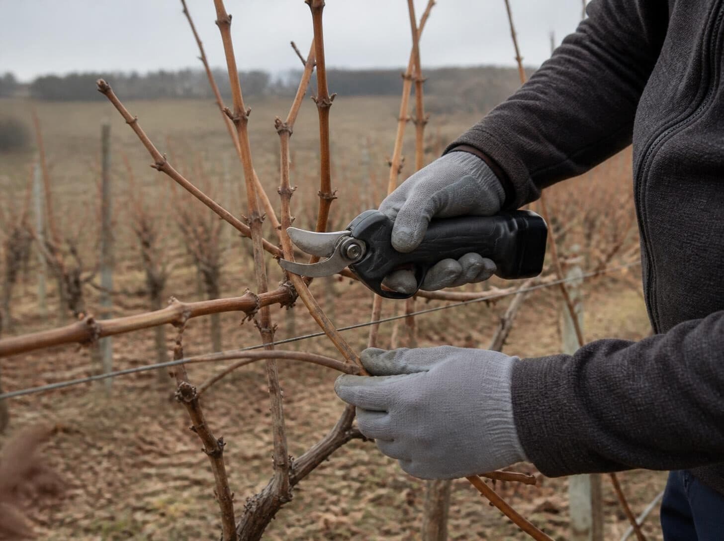Taille de la vigne avec un sécateur à batterie